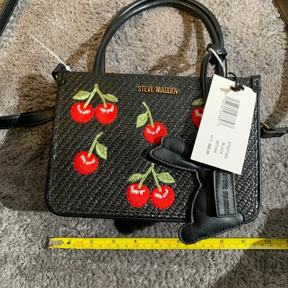Steve Madden BCYAN Black Woven Cherry Embroidered Crossbody Bag New NWT DT627385